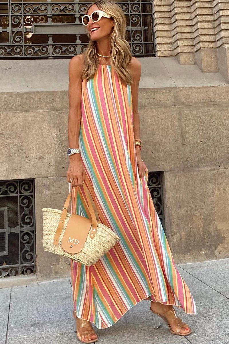 Udressshop Women's Bohemian Striped Print Sleeveless Holiday Maxi Dress