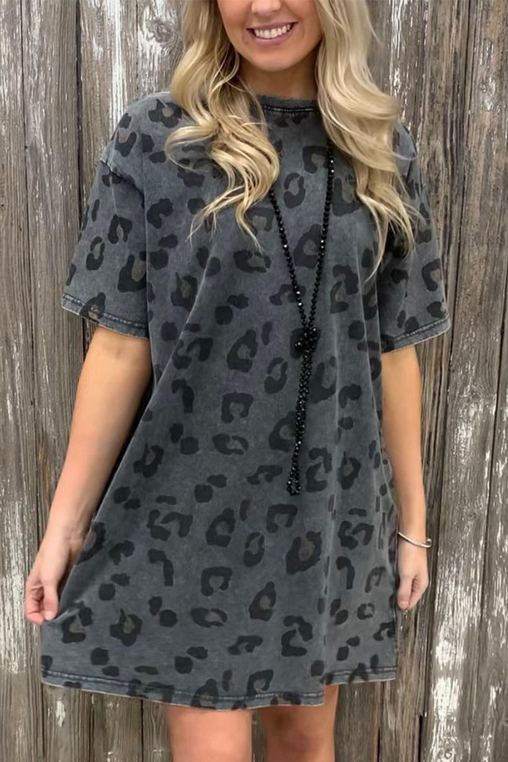 Udressshop Women's Vintage Washed Leopard T-Shirt Dress with Pockets