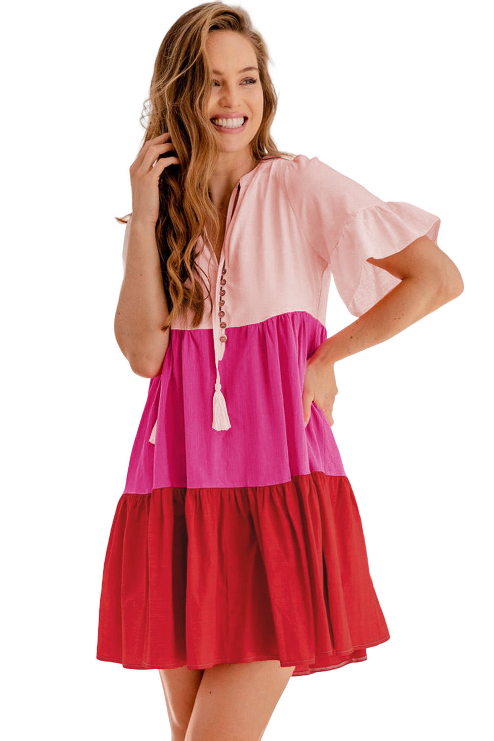 Udressshop Women's Frill Tiered Colorblock A-line Sundress