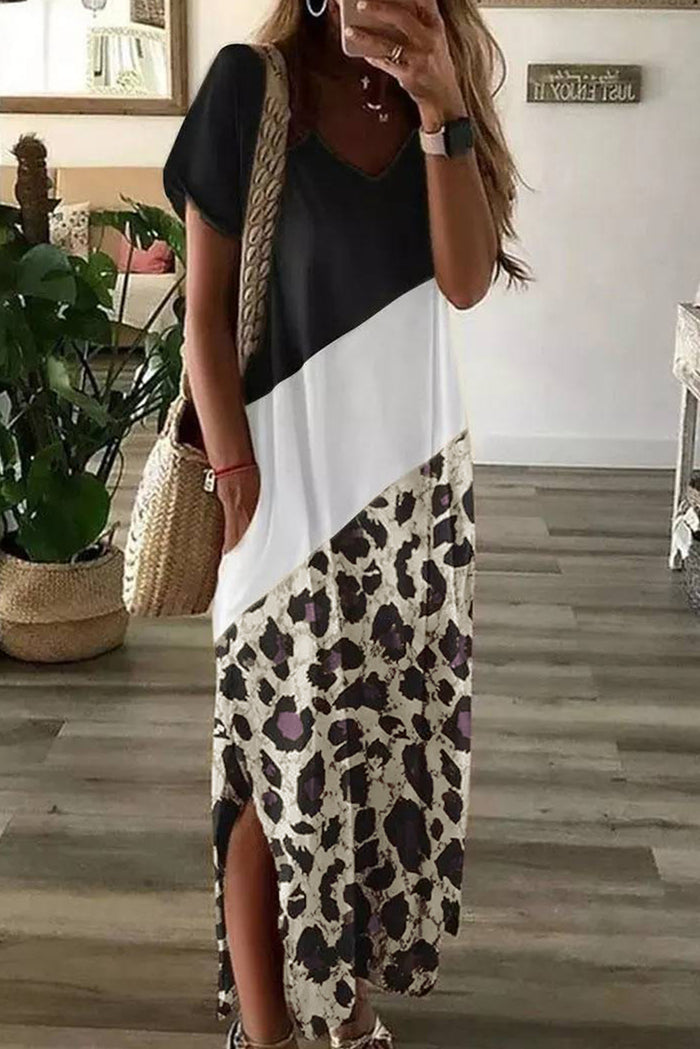 Udressshop Women's Leopard Color Block Side Slit T Shirt Maxi Dress