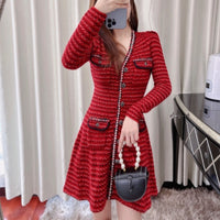 Women Long Sleeve V-neck Sweater Cardigan Short Umbrella Skirt Slim Fit Thickened Base Dress Autumn and Winter