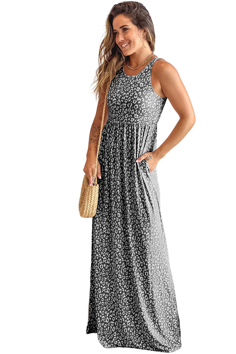 Udressshop Women's Leopard Print Pocketed Sleeveless Maxi Dress