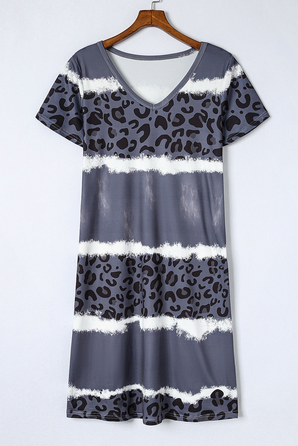 Udressshop Women's Leopard Color Block V-Neck T-shirt Dress