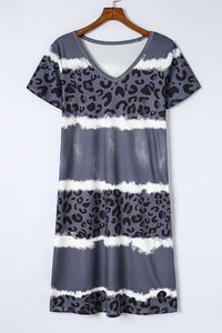 Udressshop Women's Leopard Color Block V-Neck T-shirt Dress