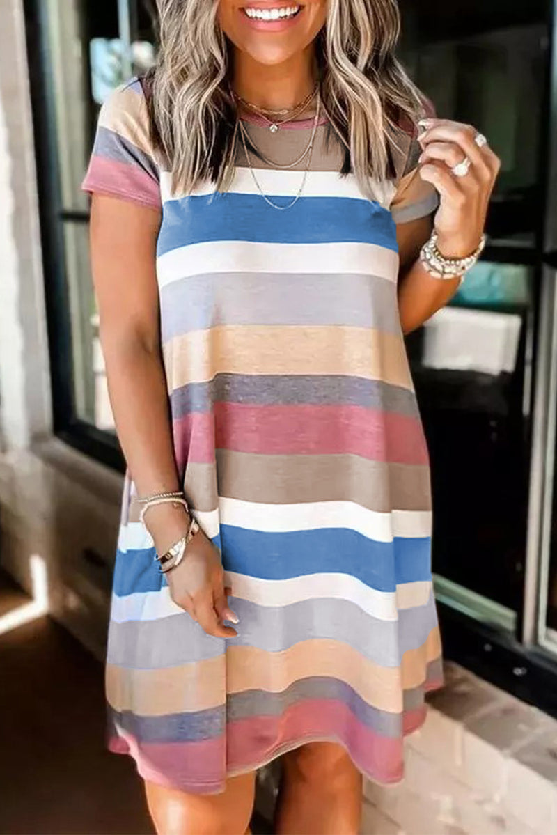 Udressshop Women's Multicolor Striped Pocket T Shirt Dress