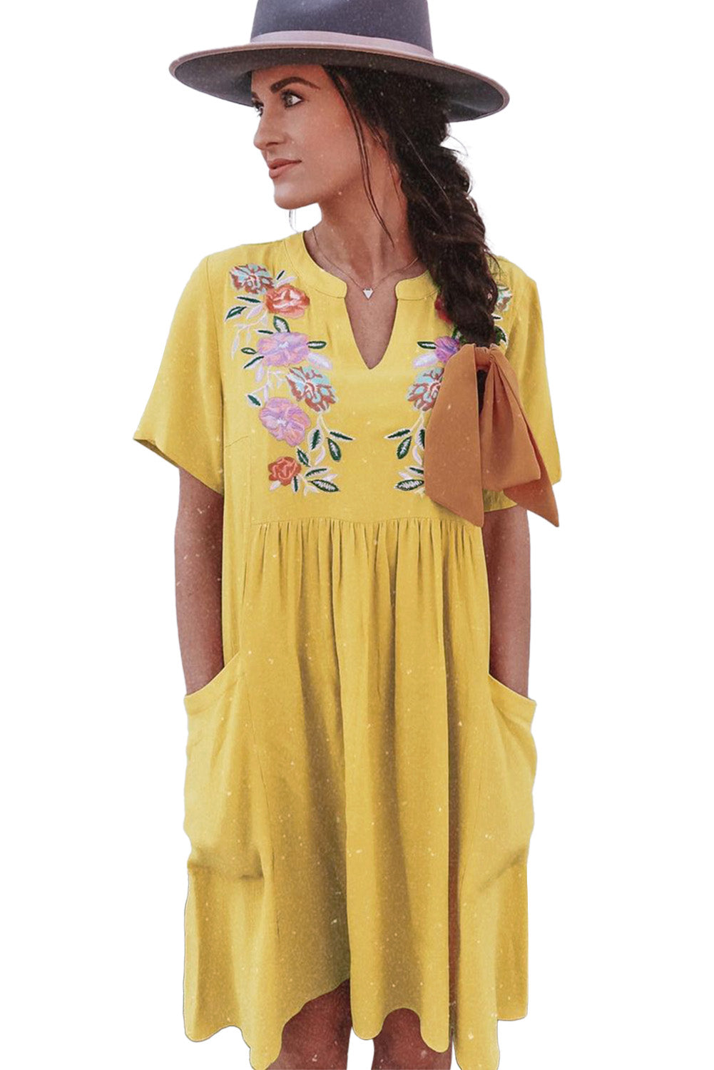 Women's Split Neck Embroidered Floral Babydoll Swing Dress