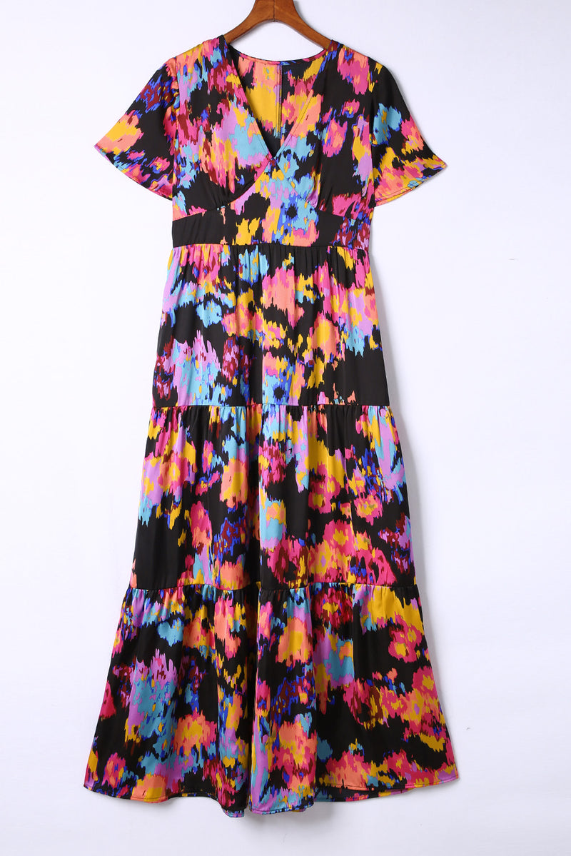 Udressshop Women's Abstract Floral Pattern Flutter Sleeve Tiered Maxi Dress