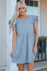 Udressshop Women's Flutter Sleeve Ruched Denim Casual Dress