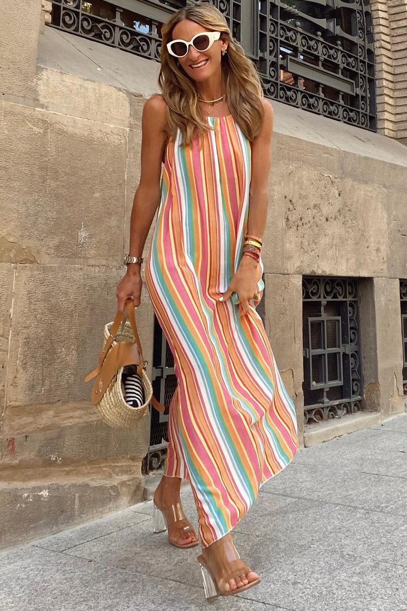 Udressshop Women's Bohemian Striped Print Sleeveless Holiday Maxi Dress