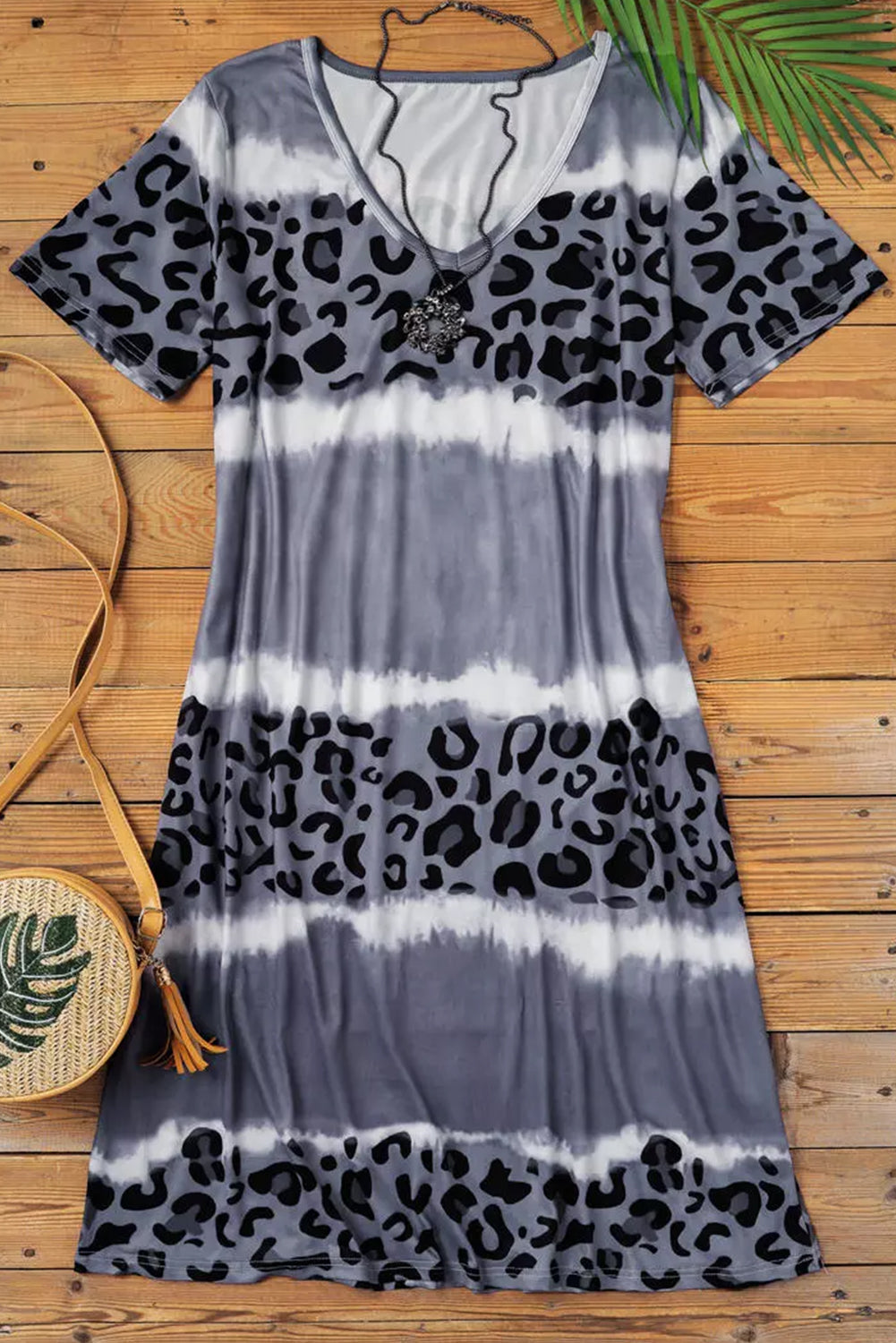 Udressshop Women's Leopard Color Block V-Neck T-shirt Dress