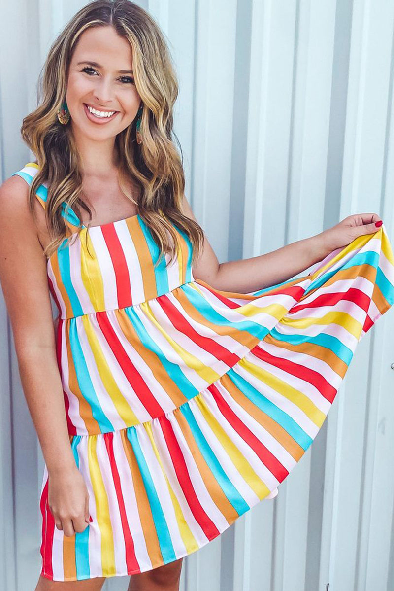 Udressshop Women's Rainbow Stripe Print Tiered Sundress