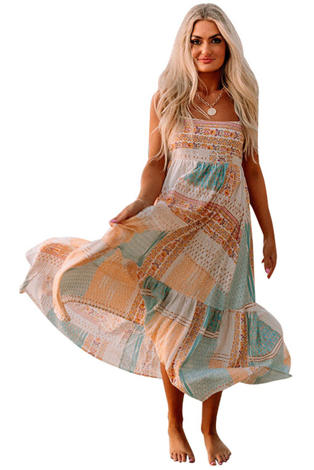 Udressshop Women's Boho Patchwork Print Square Neck Sundress