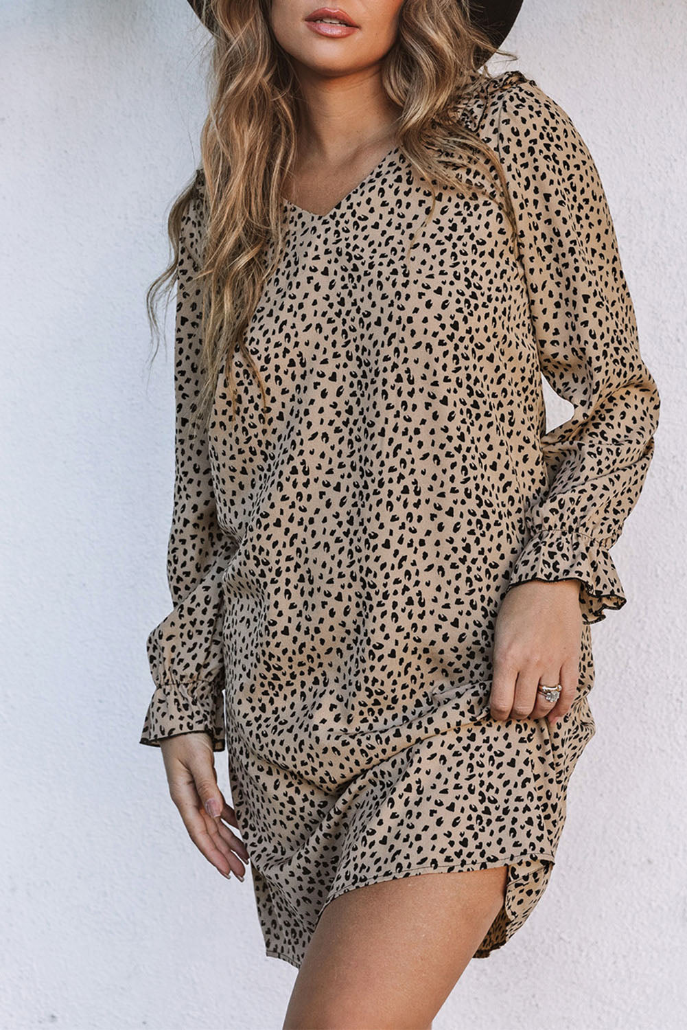 Women's Leopard Frill Trim V Neck Dress with Sandals or Sneakers