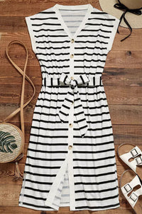 Women's Striped Button Slit Tie V-Neck Short Sleeve Midi Dress with Waist Tie