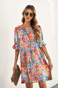 Women's Long Floral Print Short Sleeve Holiday Dress