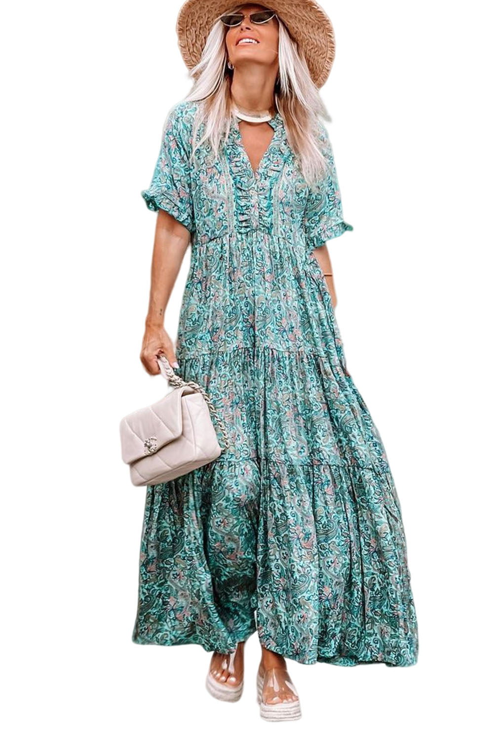 Udressshop Women's Paisley Print Boho Holiday Ruffle Tiered Maxi Dress