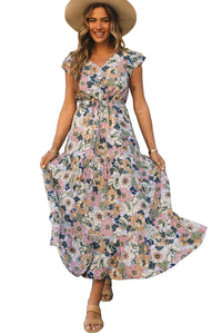 Udressshop Women's Layered Ruffle Sleeves Long Floral Dress