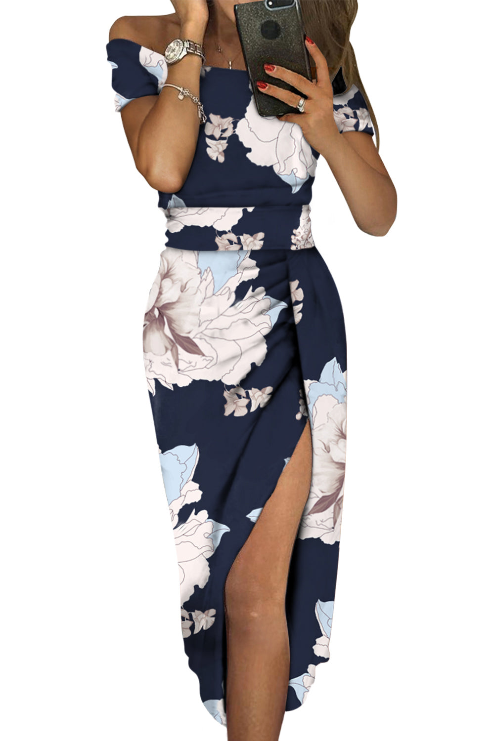 Udressshop Women's Dark Blue Floral Print Off Shoulder Slit Bodycon Midi Dress