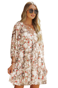 Udressshop Apricot 3/4 Sleeves V Neck Print Tiered Flowy Short Dress