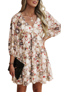 Udressshop Apricot 3/4 Sleeves V Neck Print Tiered Flowy Short Dress