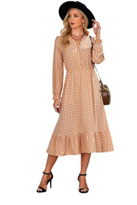 Udressshop Apricot Button Polka Dot High Slit Ruffled Midi Dress