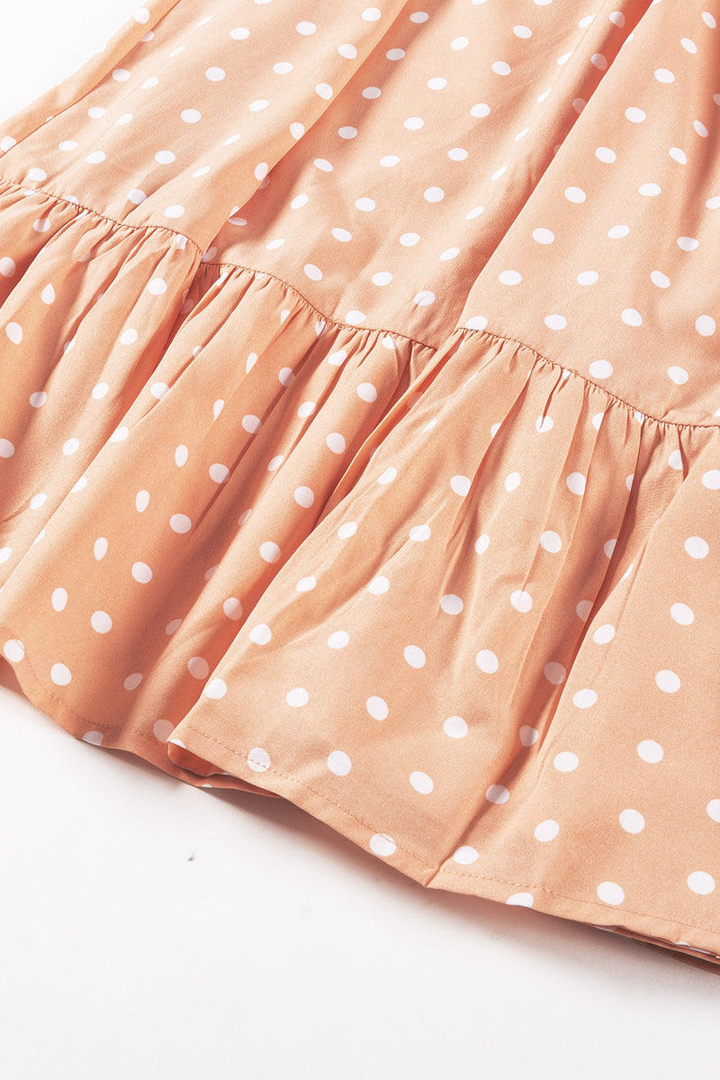 Udressshop Apricot Button Polka Dot High Slit Ruffled Midi Dress