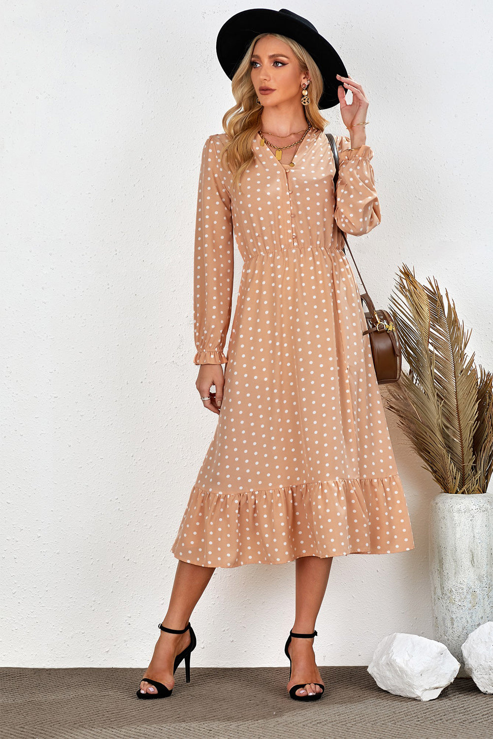 Udressshop Apricot Button Polka Dot High Slit Ruffled Midi Dress