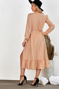 Udressshop Apricot Button Polka Dot High Slit Ruffled Midi Dress