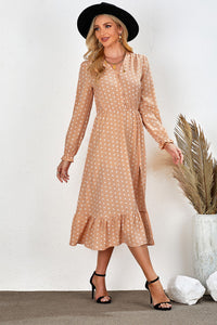 Udressshop Apricot Button Polka Dot High Slit Ruffled Midi Dress