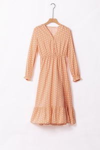 Udressshop Apricot Button Polka Dot High Slit Ruffled Midi Dress