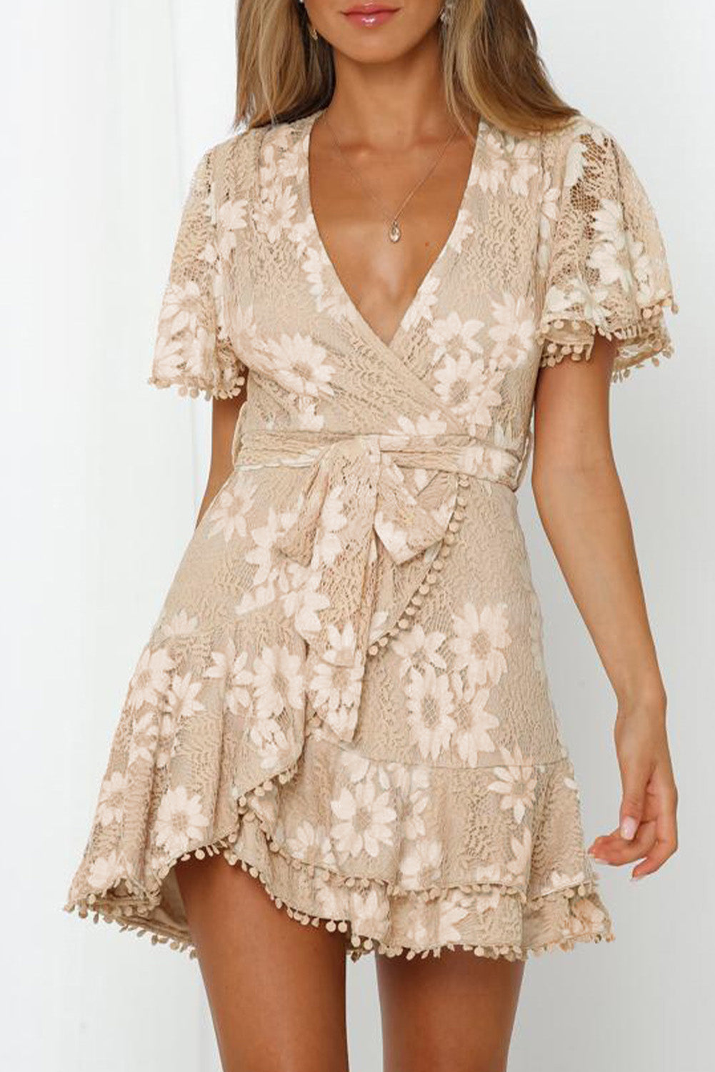 Udressshop Flutter Sleeve Wrap V Neck Floral Lace Short Mini Dress