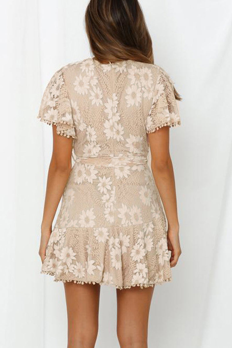 Udressshop Flutter Sleeve Wrap V Neck Floral Lace Short Mini Dress