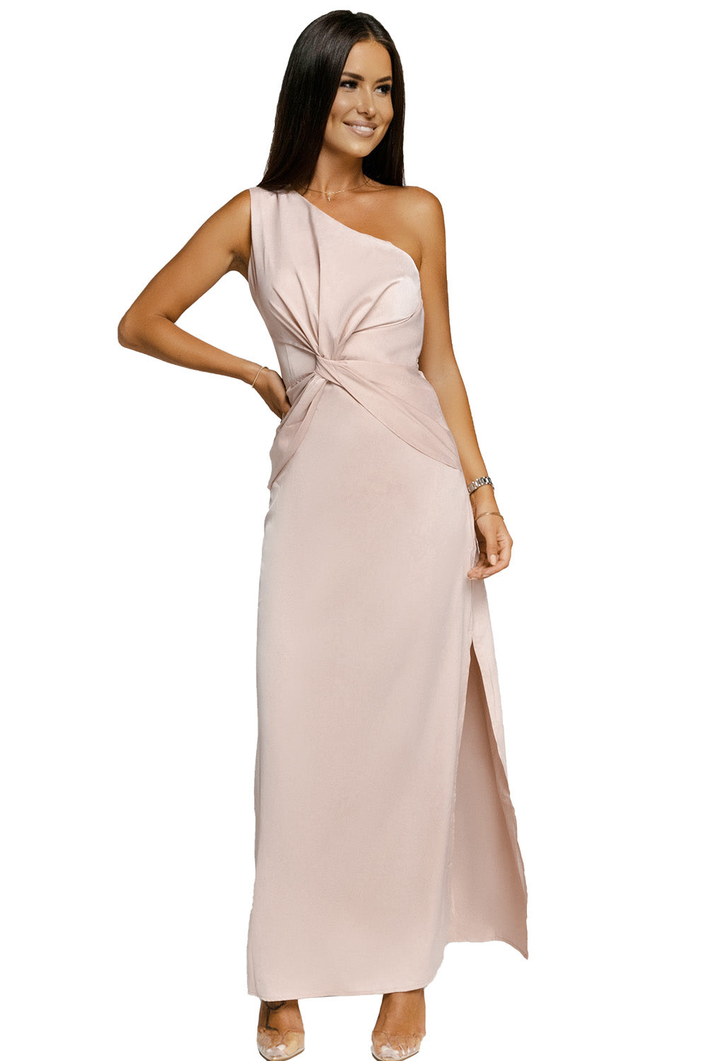 Udressshop Pink One-shoulder Twist Detail Sleeveless Party Gown with Slit