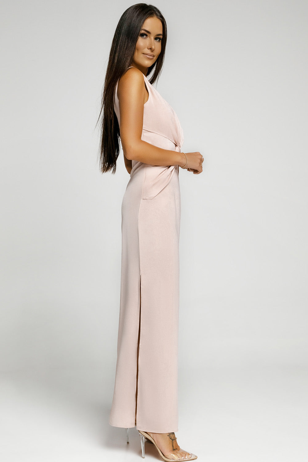 Udressshop Pink One-shoulder Twist Detail Sleeveless Party Gown with Slit