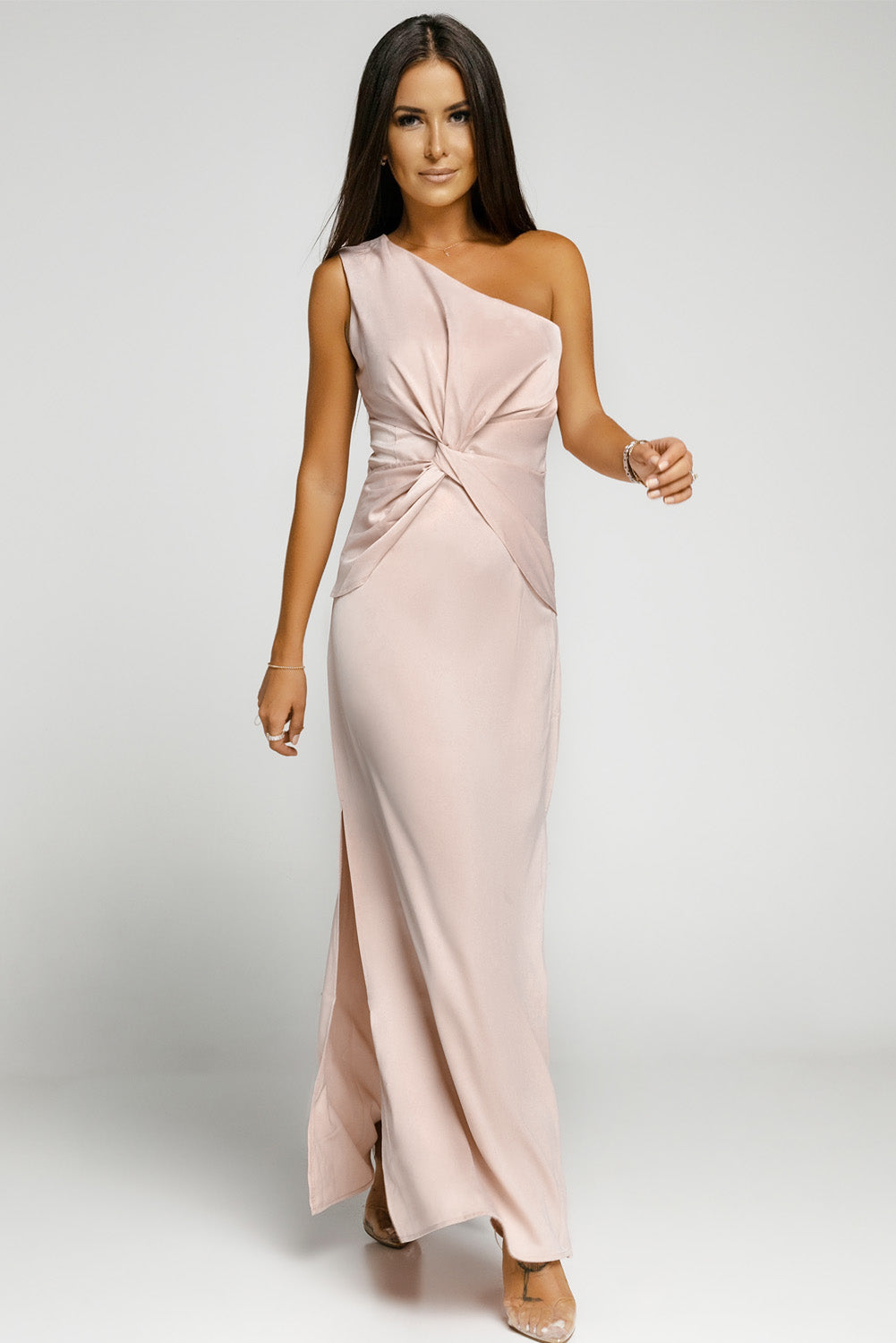 Udressshop Pink One-shoulder Twist Detail Sleeveless Party Gown with Slit