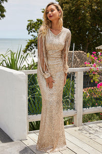 Udressshop Sequin Fr-inge Sleeve Elegant Boydcon Wedding Party Dress Maxi Formal Evening Gowns