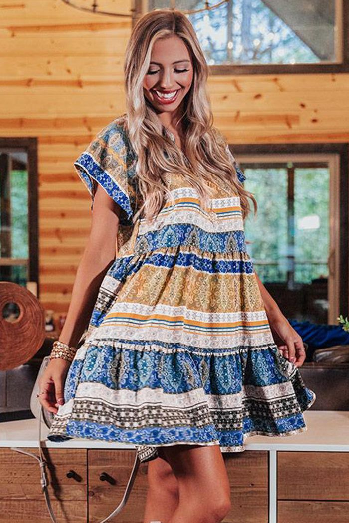 Udressshop Beige Accent Color Block Bohemian Print Short Sleeve Mid Dress