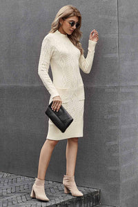 Udressshop Beige High Neck Textured Bodycon Winter Sweater Dress