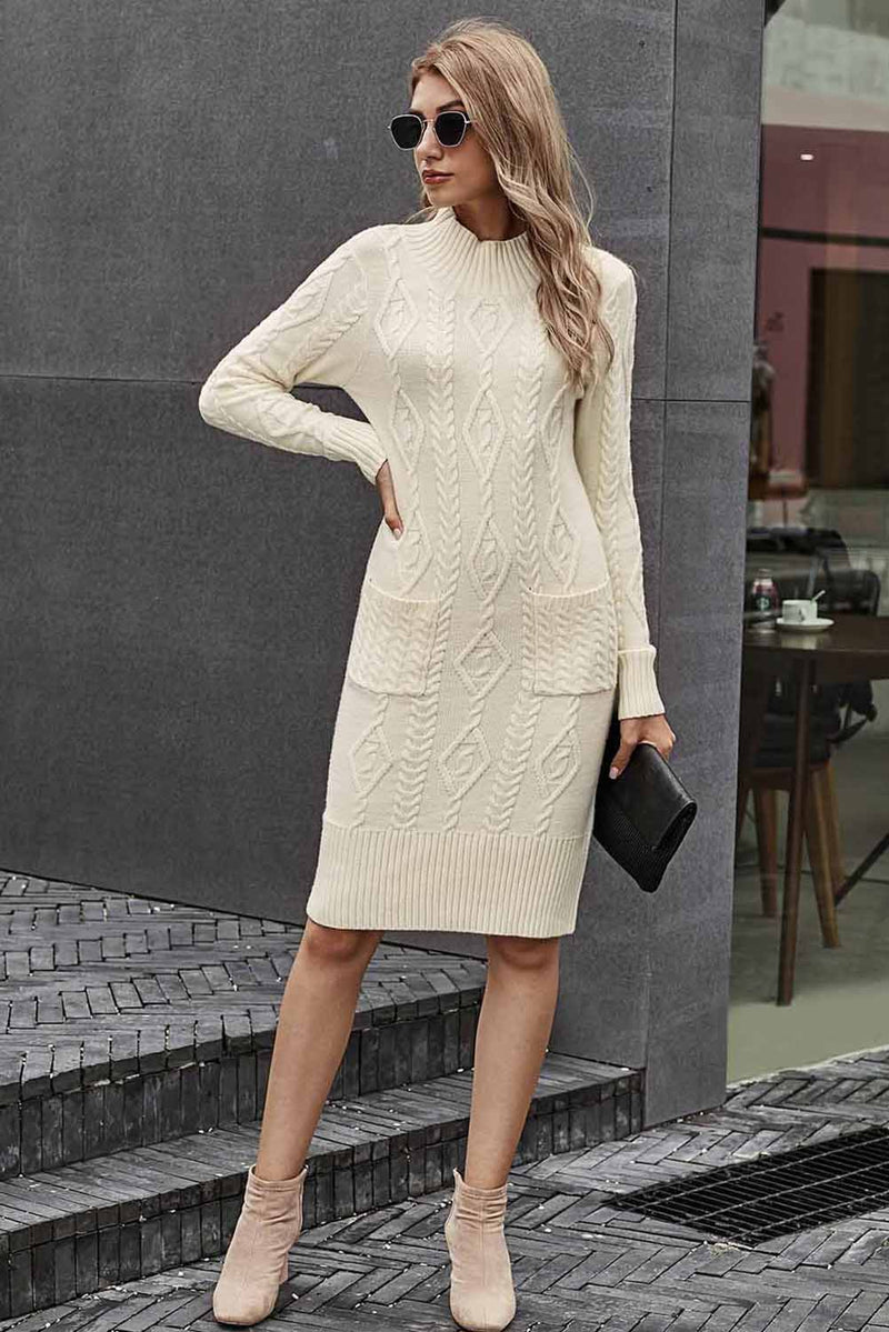 Udressshop Beige High Neck Textured Bodycon Winter Sweater Dress