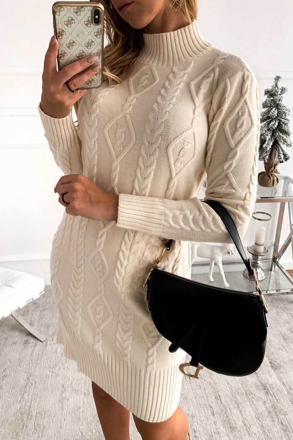 Udressshop Beige High Neck Textured Bodycon Winter Sweater Dress