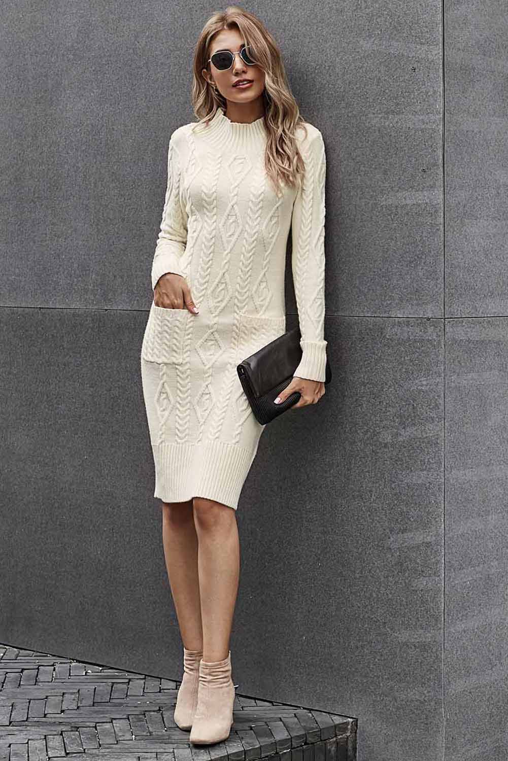 Udressshop Beige High Neck Textured Bodycon Winter Sweater Dress