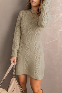 Udressshop Beige Ribbed Waistband Knit Cable Pattern Winter Sweater Dress