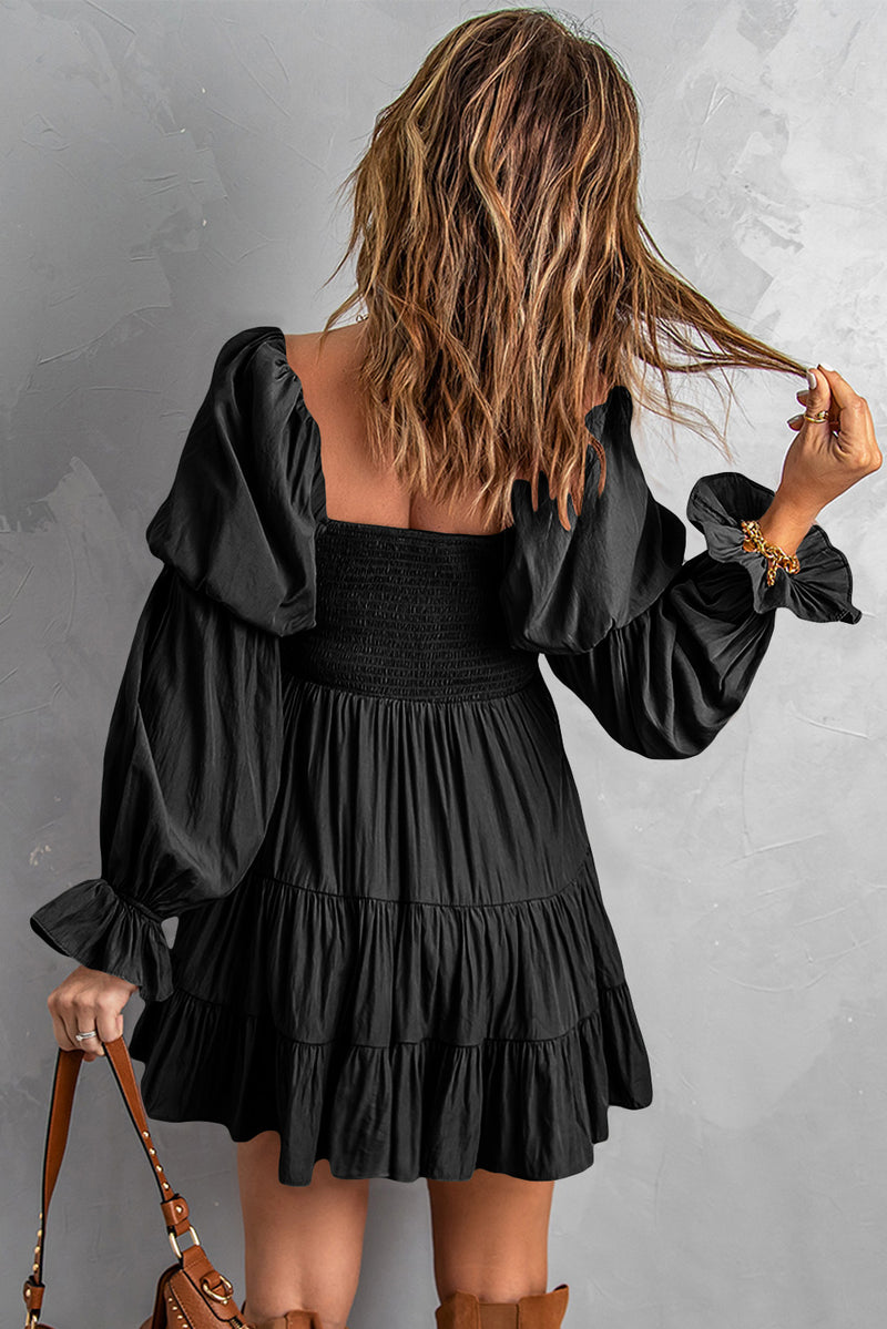 Udressshop Boho Solid Shirred Ruffle Mini Dress