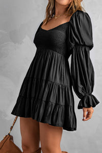 Udressshop Boho Solid Shirred Ruffle Mini Dress