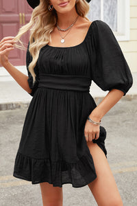 Udressshop Bow Knot Square Neck Ruffled High Waist Mini Dress