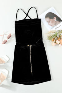 Udressshop Black Chain Criss Cross Backless Spaghetti Strap Mini Dress