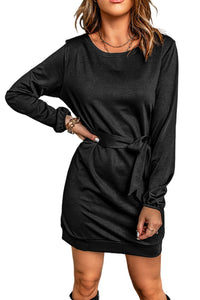 Udressshop Crewneck Long Sleeve Belted Casual Mini Dress