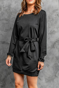 Udressshop Crewneck Long Sleeve Belted Casual Mini Dress