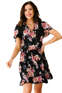 Udressshop Floral Print Split Neck Flutter Sleeve Flowy Tunic Mini Dress