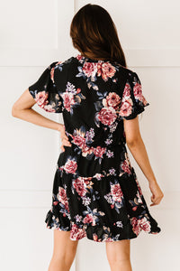 Udressshop Floral Print Split Neck Flutter Sleeve Flowy Tunic Mini Dress